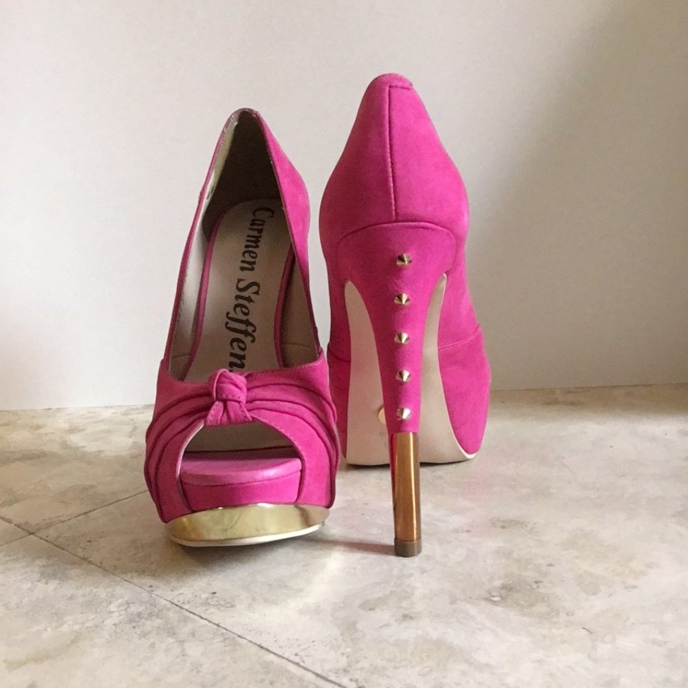 Hot Pink & Gold Studded Peep Toe Women's Stilettos